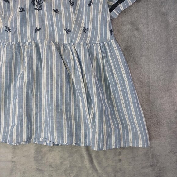 Boho Embroidered Peplum Blouse Women's XS Blue Striped Cotton Short Sleeves - Picture 5 of 10